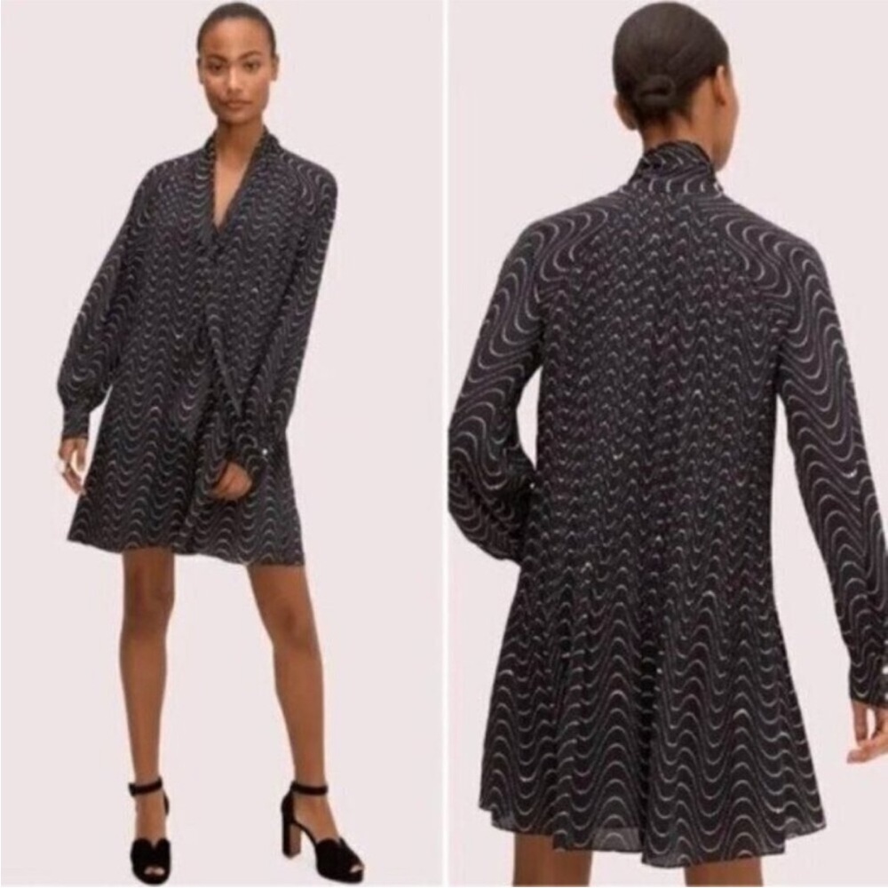 NWOT Kate Spade Wavy Dot Shift Long Sleeve Mini Dress Black White Size 6